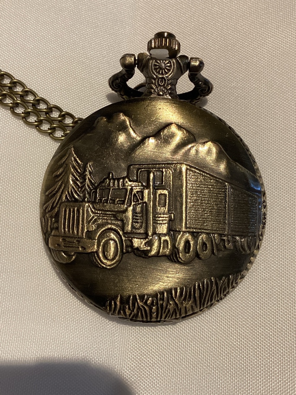 Men's Vintage Truck Relief Pocket Watch Necklace - Brass-Tone